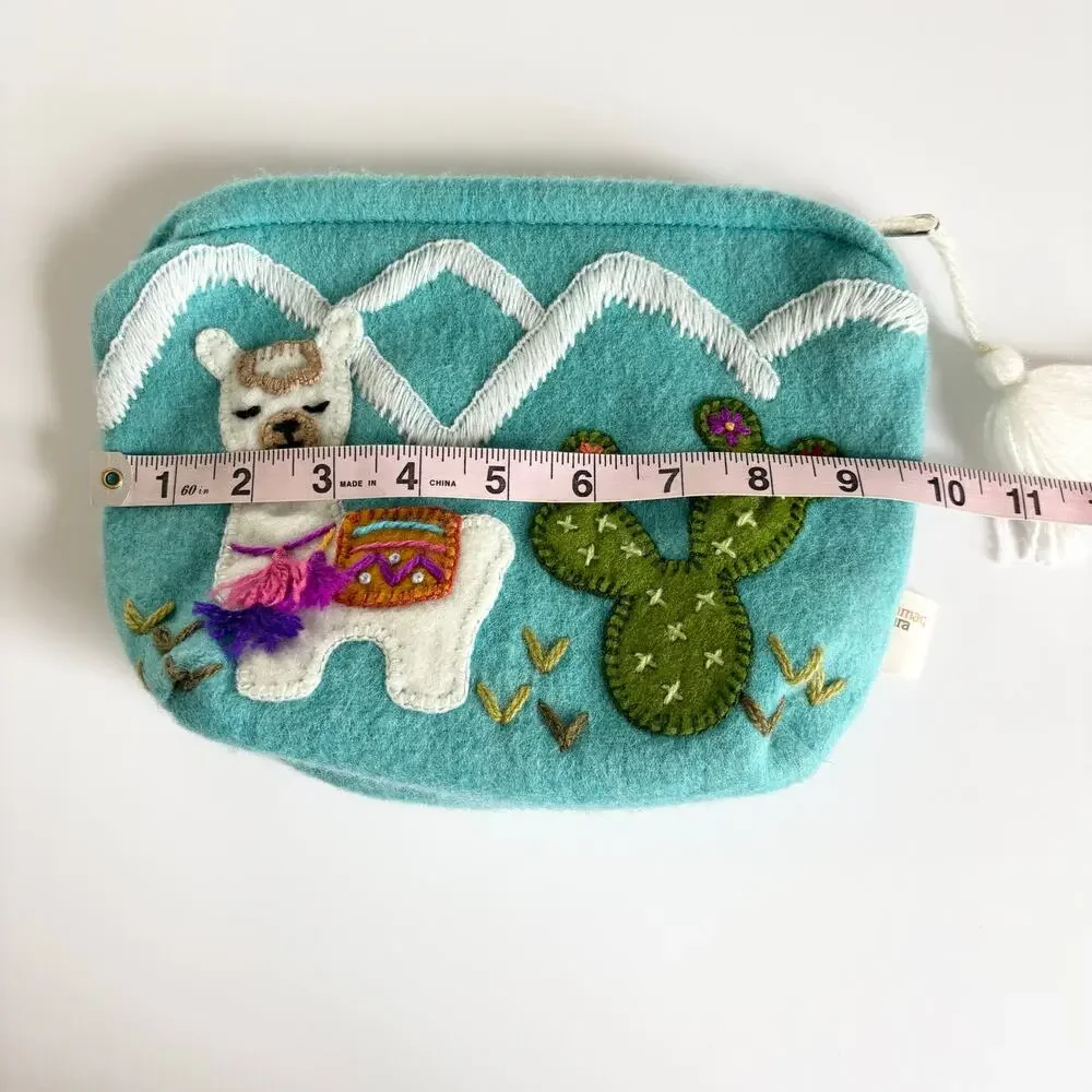 Wool Llama & Cactus Handmade in Peru Makeup Travel Cosmetics Bag Turquoise